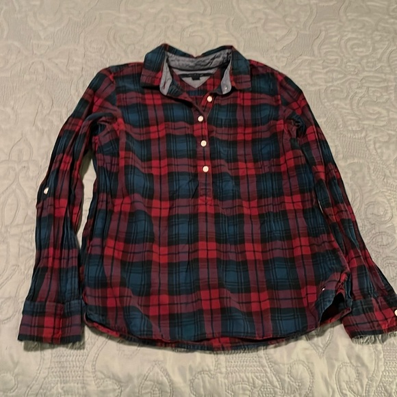Tommy Hilfiger Tops - Tommy Hilfiger M Burgundy, Blue Plaid Popover Long Sleeve Shirt